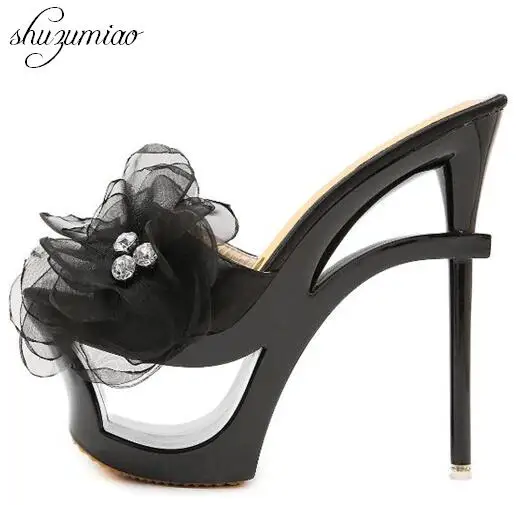 Strange Heels Platforms 2019 New Women Shoes Sandals and Slippers Blue Satin Chiffon Floral Diamond Waterproof Profiled Shoes