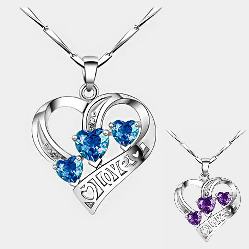 

Simple Three Heart Pendant Necklace For Women Silver plated Blue Exquisite crystal Necklaces & Pendants Silver color Jewelry