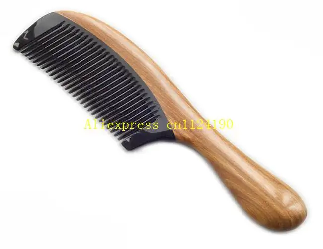 1pcs Free Shipping Luxury handmade Natural ox horn Green sandalwood comb wooden handle combs C1800