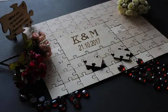 personalized initials date rustic Jigsaws puzzle Alternative wedding Wooden guestbooks Signature Guest Books party decorations