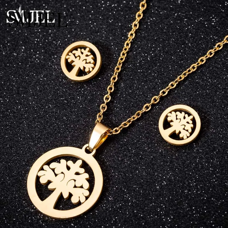 SMJEL Chinese Style Stainless Steel Tree Pendant Necklace for Women Round Plant Necklace Set Vrouwelijke ketting