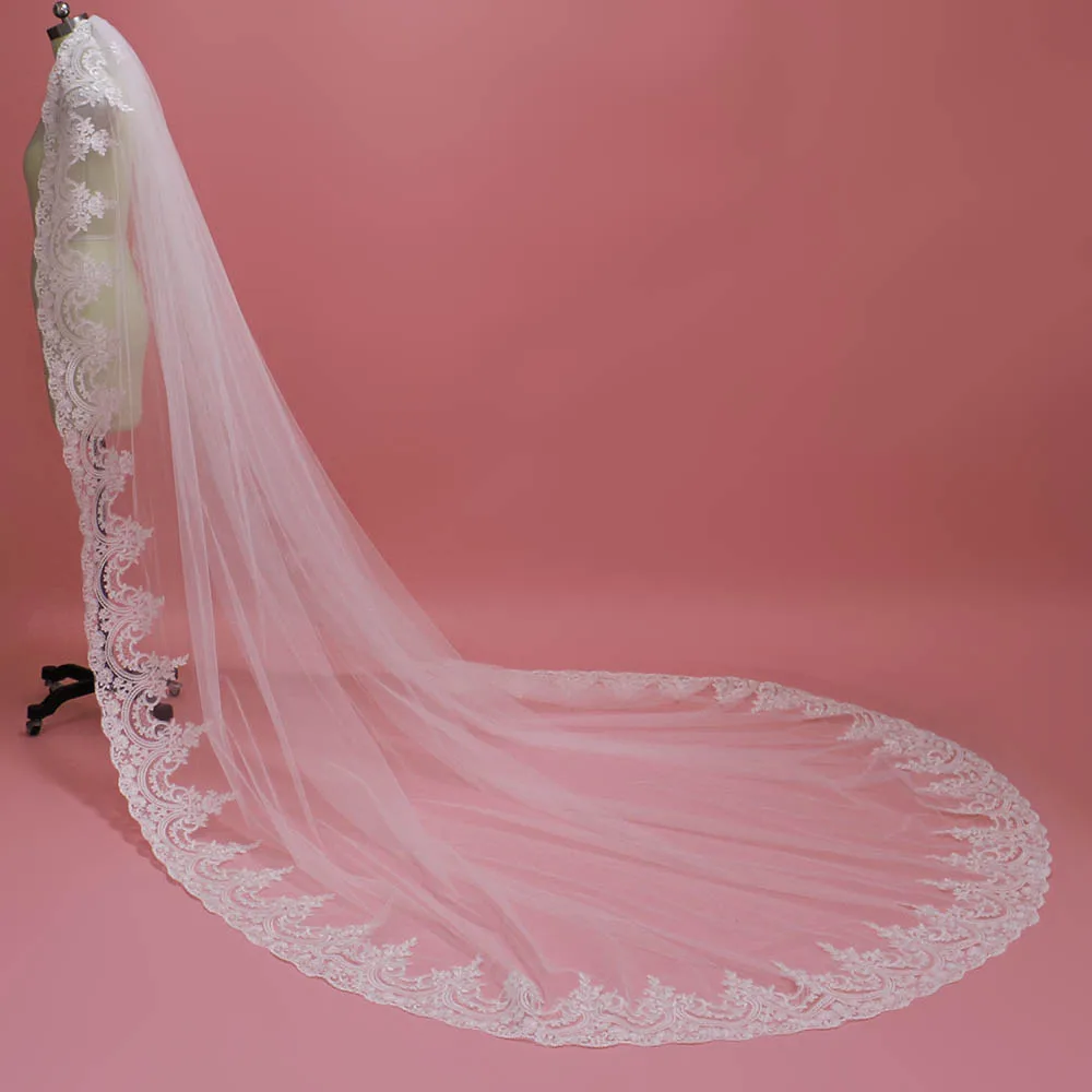 Neue Ankunft Mantilla Spitze Lange Hochzeit Schleier mit Kamm 3 Meter Kathedrale Eine Schicht Braut Schleier Veu De Noiva