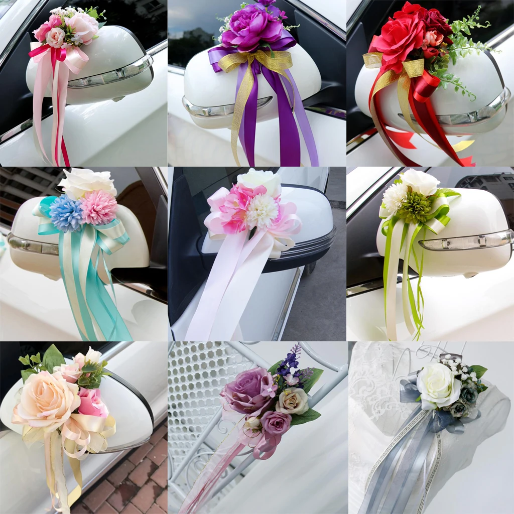 

Wedding Car Mirror Handle Chair Decorations kit Silk Flower Ribbon Party Accessories DIY Making Craft