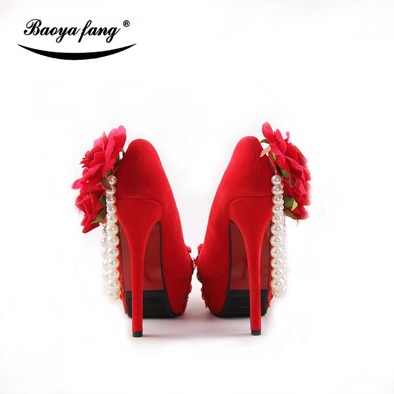 New Arrival Red color Flock Women wedding shoes Bride 8cm/11cm/14cm high heels platform shoes Bridal Big Flower shoe Red sole