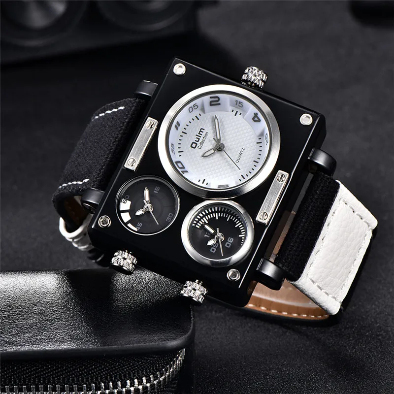 Oulm Watch Luxury Brand Man Fabric Srap Quartz-Watch Clock Male Multiple Time Zones Square Sports Watches erkek kol saati