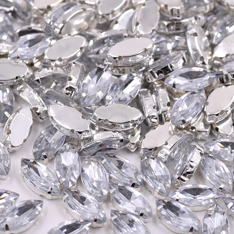 JUNAO 7*15mm Sew On Clear Horse Eye Rhinestone Silver Applique Flatback Acrylic Gems Sewing Strass Crystal Stones for DIY Dress