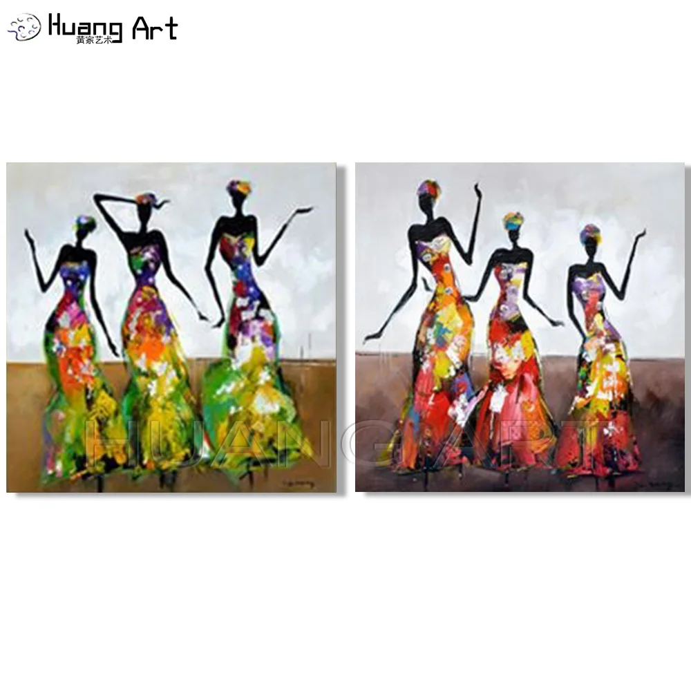 

New 2 Pieces Wall Art Abstract Modern Dancing African Women Portrait Oil Painting For Living Room Abstract Knife Dancer Painting