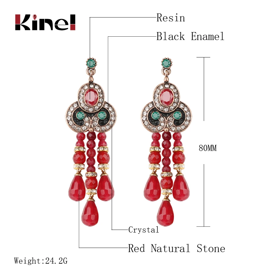 Kinel Red Natural Stone Tassel Earrings For Women Antique Gold Black Enamel Crystal Drop Earrings Ethnic Vintage Wedding Jewelry