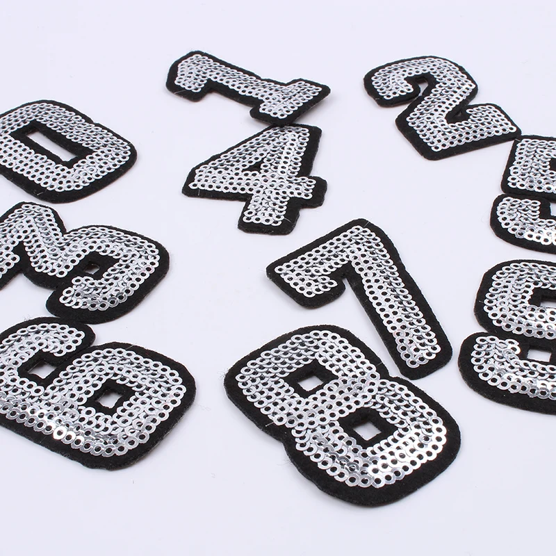 10pcs Silver Sequined digital Patch Iron On Number Sticker Clothes Appliques DIY Jeans Backpack Badge Handmade Patchwork Craft
