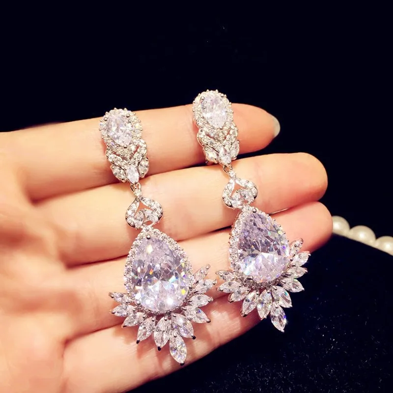 925 Drop Earrings For Women Luxury Water Drop Cubic Zirconia Long Earrings Bridal Wedding Engagement Gift Fine Jewelry