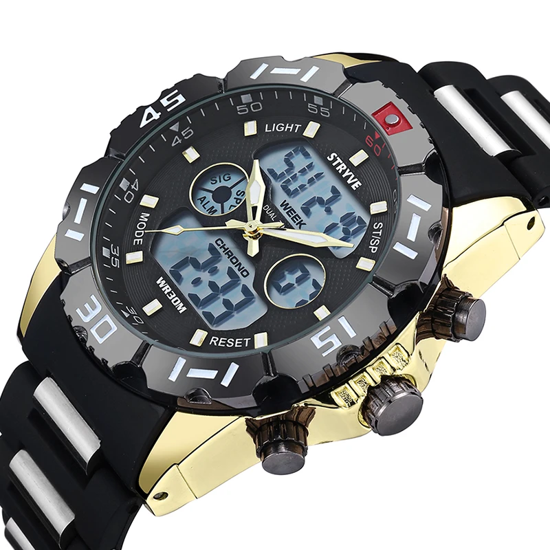 Stryve 8010 marca de luxo dupla exibição quartzo digital masculino relógio led militar dial pesado à prova dwaterproof água relógio do esporte dos homens montre homme