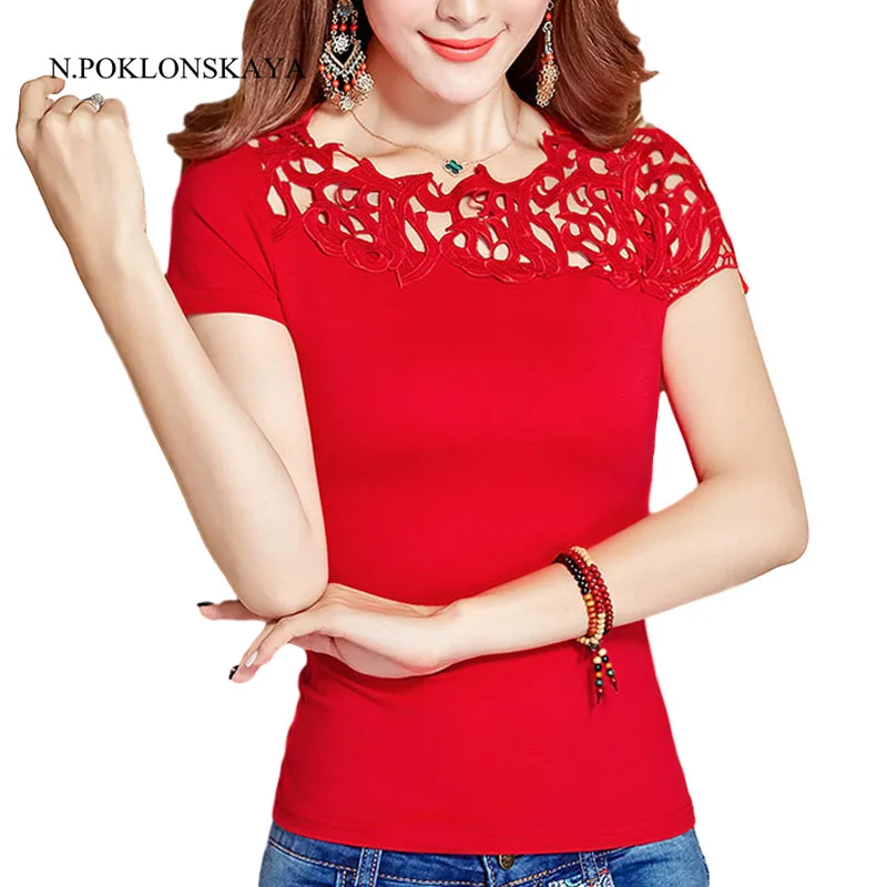 Women Cotton Lace Patchwork Shirt 2020 Fashion Summer Short Sleeve Elegant Ladies Tops Plus Size Female Clothing Black Red White