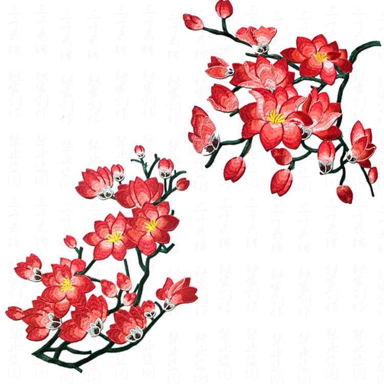 Red Magnolia Flower Embroidery Patches Sticker for Clothes Parches Para La Ropa Applique Embroidery Flower Patches