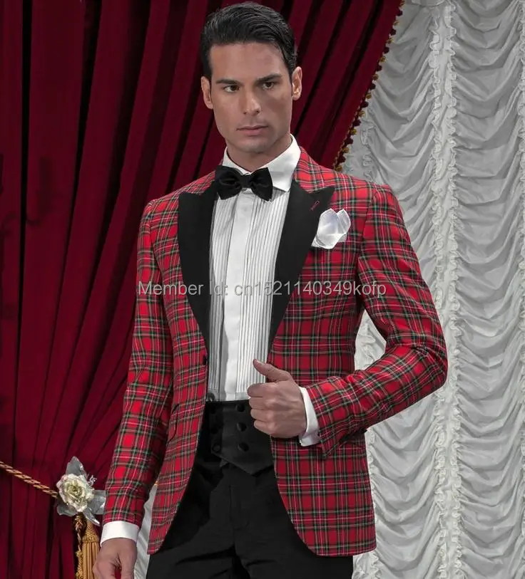 

Custom Men Suits For Wedding Peaked Lapel Red Plaid Tuxedo Jacket Groom Wedding Best Man Suit Bridegroom (Jacket+Pants+Bow)