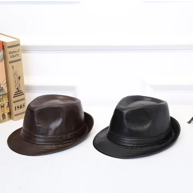 New PU Leather Fedora Vintage Caps Gentleman Bowler Short Brim Floppy Panama Hat Jazz Black Cap For Men Women