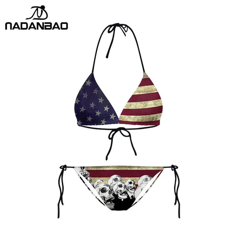 Bikinis Mujer Plavky Women Bikinis Swimwear Beach Wear American Flag And Skull Bikini Printed Swimsuit Bathing Suit Y03014