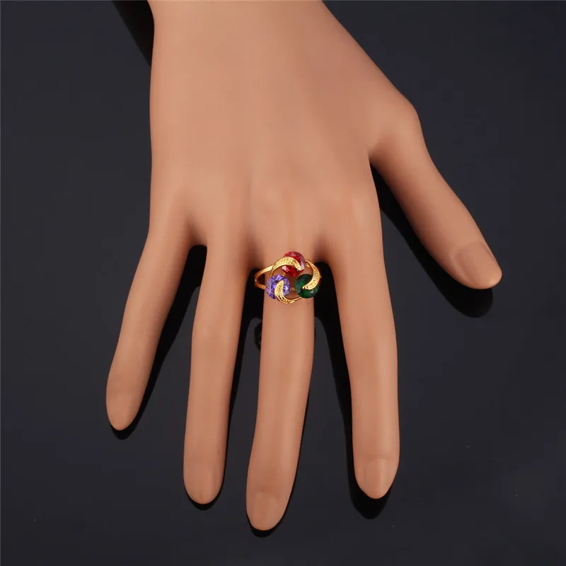 U7 CZ Ring For Women Gold Color Base with 3 pcs Round Cutted Colorful Cubic Zirconia Luck Jewelry QC24