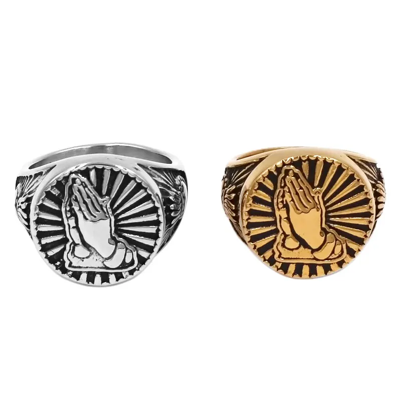 

Praying Hands Bless Ring Stainless Steel Religious Virgin Mary Engagement Promise Crown Heart Wedding Women Ring SWR0827