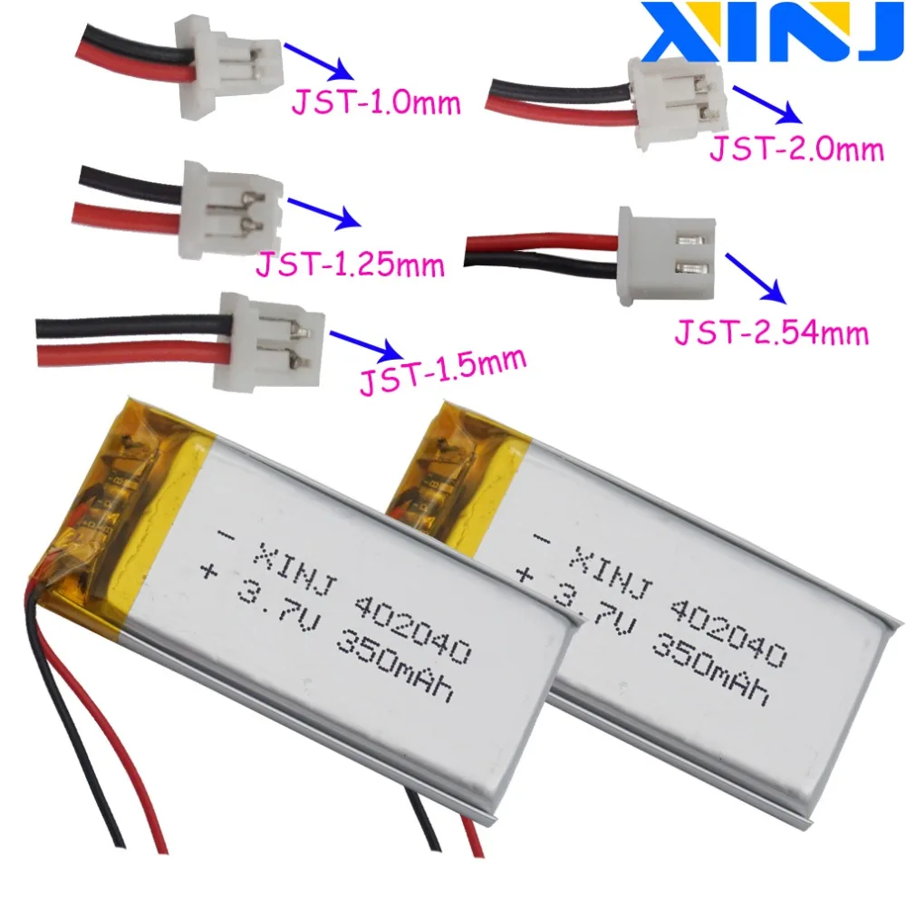 2pcs 3.7V 350 mAh Polymer Li Lithium Lipo Battery JST 2Pin 1.0/1.25/1.5/2.0/2.54mm Plug 402040 For GPS Sat Nav Driving Recorder