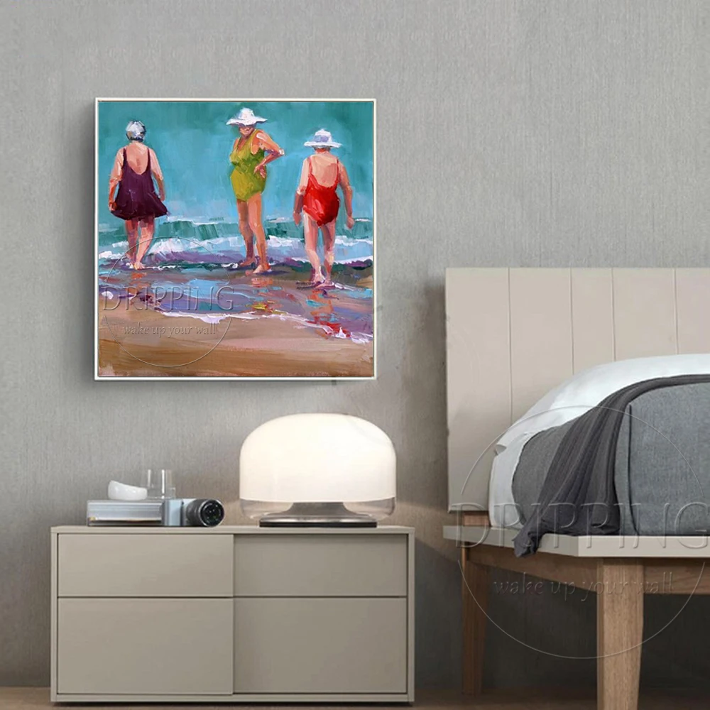 Impressionist Landscape 3 Women Play in Beach Oil Painting on Canvas High Quality Old Woman Figures Oil Painting for Living Room