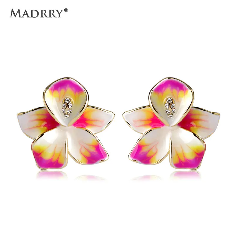 

Madrry Statement Luxury Enamel Stud Earrings For Women Gold Color Flower Pendientes Aretes brincos Ear Clips Feminino