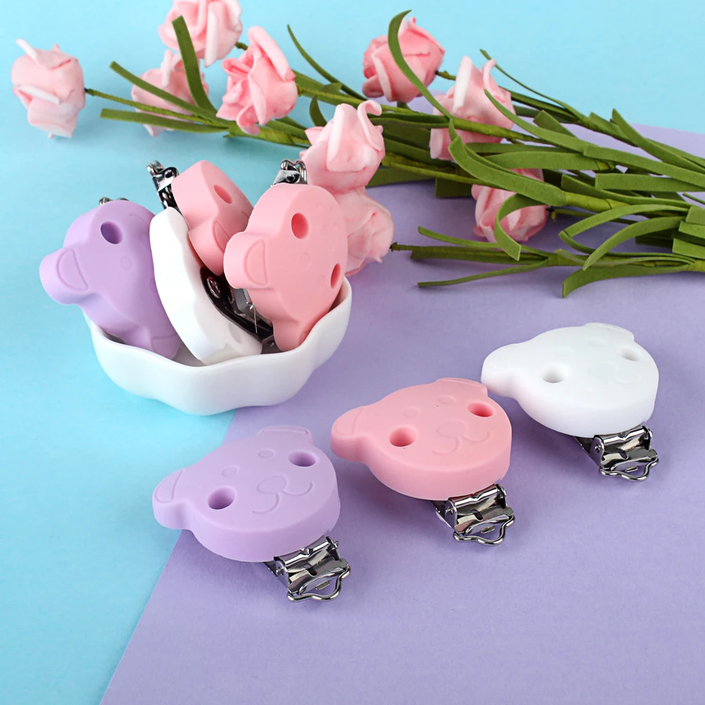 Keep&Grow BPA Free 3Pcs Bear Silicone Pacifier Clips Food Grade Baby Teether Chewable Silicone Beads Baby Teething Nipple Holder