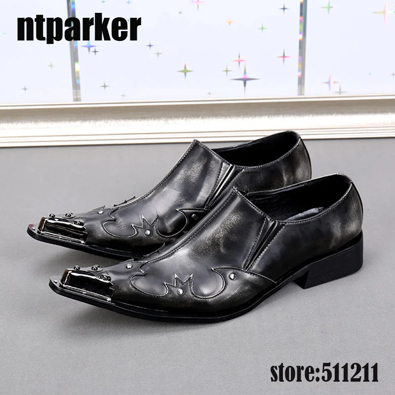 ntparker Western Style Men Shoes Genuine Leather Business Party Shoes for Men Iron Pointed Toe Black Grey Men Wedding Shoes!