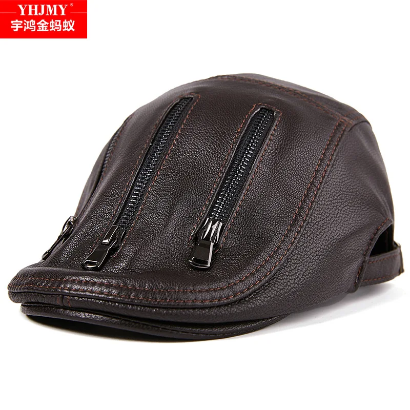 Men's Sheepskin Leather Hat Cap Adult Genuine Leather Cap Male Young Leather Hat Middle-aged Visors Cap New Year Gift B-8806