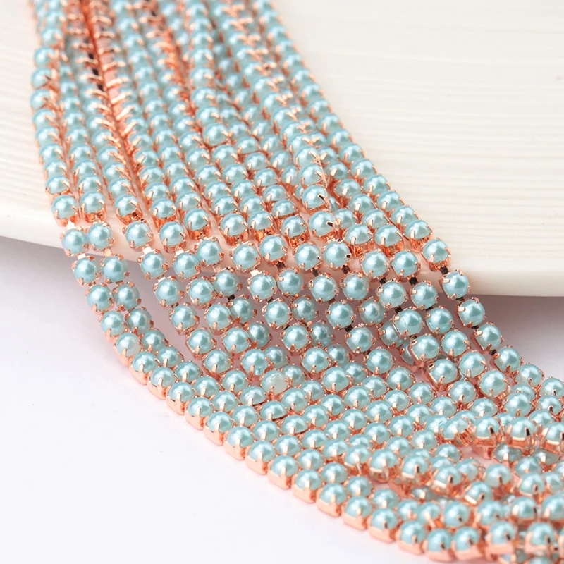 2Yard/10Yards Pearl Copper Rhinestone Chain Base Cup Pearl Chain For Sewing DIY garment accessories trim ABS SS6/2mm 9 Colors