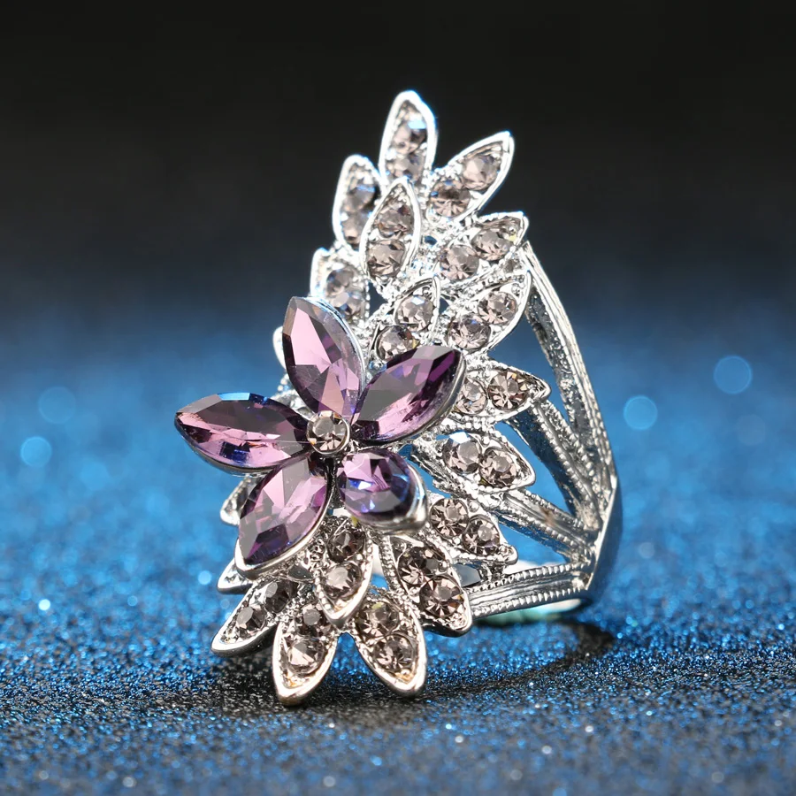 Kinel Fashion Crystal Flower Rings For Women AAA Purple Glass Tibetan Silver Wedding Finger Ring Fine Jewelry Bague