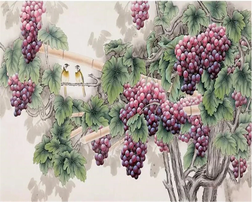 

Фотообои на заказ с изображением фруктов, масляная живопись, виноград, цветы, птицы, декор для спальни, гостиной, фоновое украшение стены, 3D обои