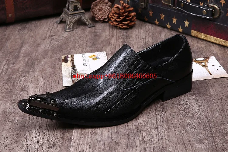 Men dress shoes luxury brand black leather blue spiked loafers slip on mens pointy shoes oxford classic wedding formal shoes