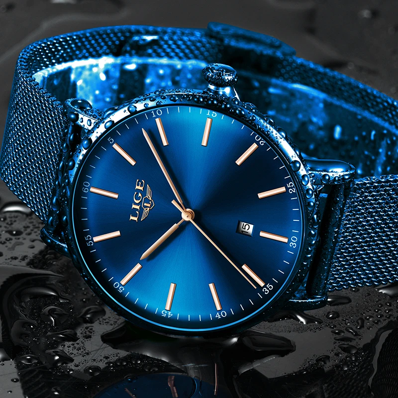 LIGE Mens Watches Top Brand Luxury Waterproof Ultra Thin Clock Blue Mesh Belt Fashon Casual Quartz Watch Men Sport Wrist Watch