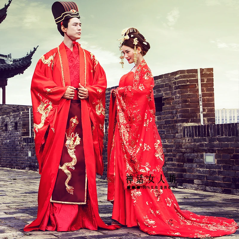 Chinese couples Gown Dress dragon Phoenix matching men women red Black Royal Costume Quality Antique wedding Hanfu For overseas