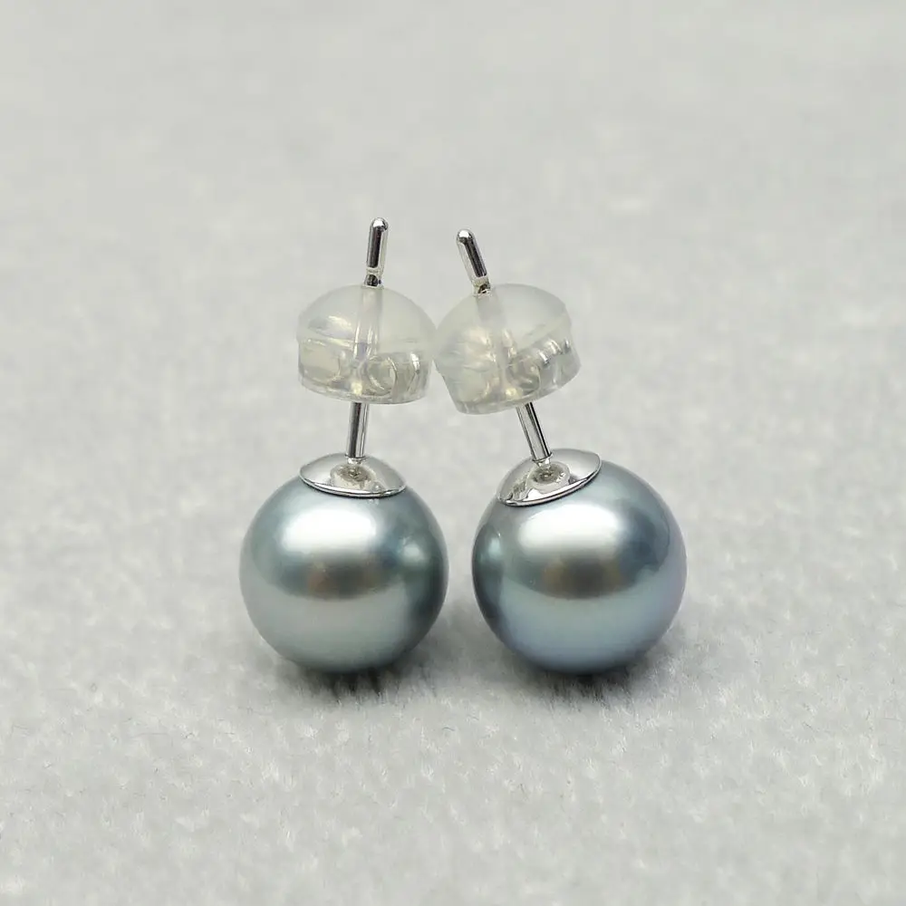 

Free Shipping 9-10MM Round AAA Real Tahitian Cultured Gray Pearl Stud Earrings 18K White Gold #0207