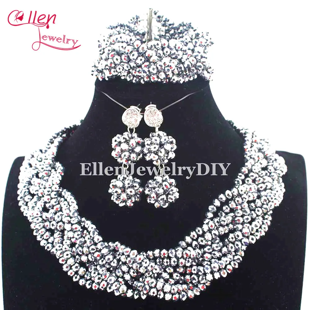 

Silver Fashion African Beads Jewelry Set for Nigerian wedding bridal dubai Crystal Beads women statement Necklace Set E1008