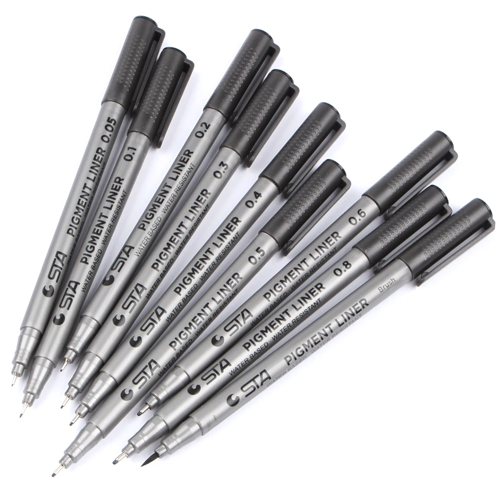 STA Pigment Liner Pen Porous-Point Pens Professional Needle Drawing pen Marker Hook line Pen Design Sketch   9pcs/set