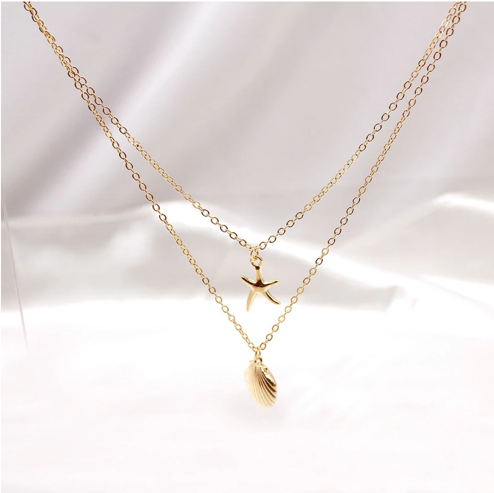 Two layers Necklace alloy diecast Shell Starfish Pendant  plated with metal chain for Women Girls Gift