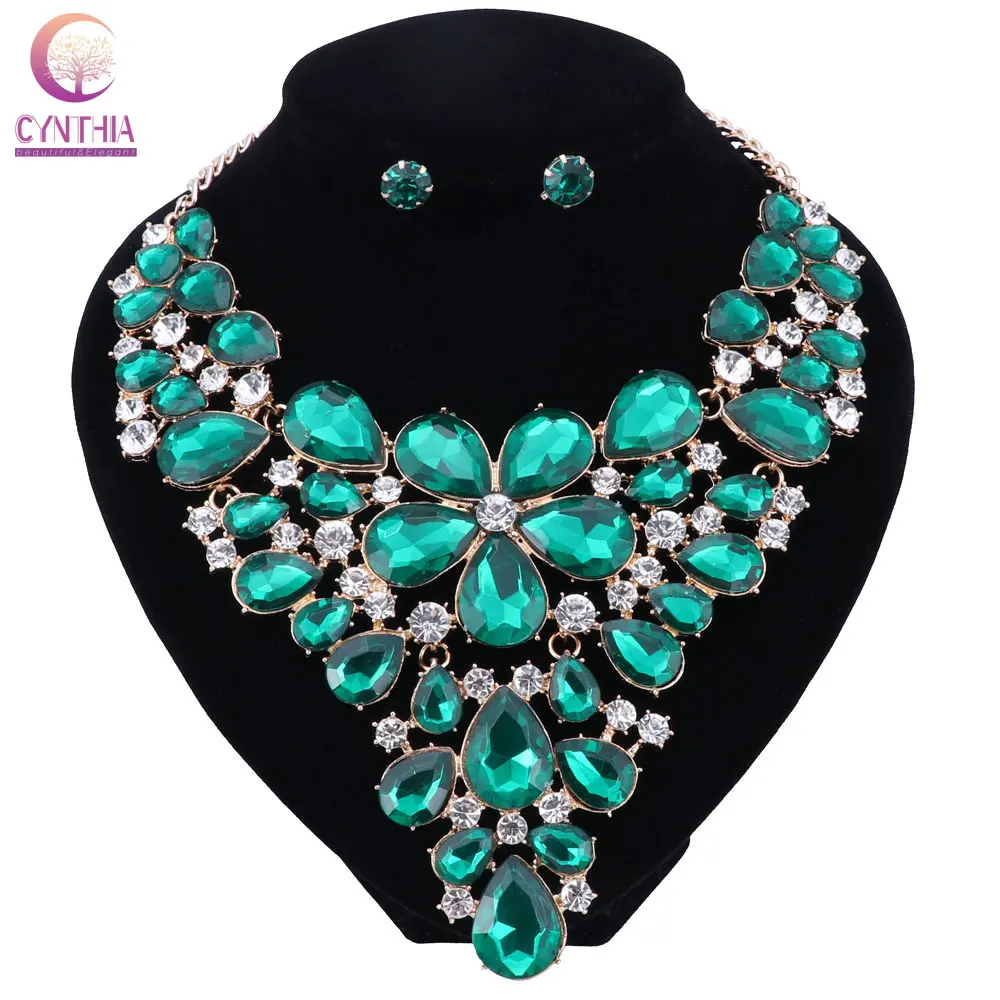 New Hot Ultra-luxury Bohemia Exaggerated Crystal Necklaces & Pendants Crystal Flower Statement Necklace earings For Women alloy