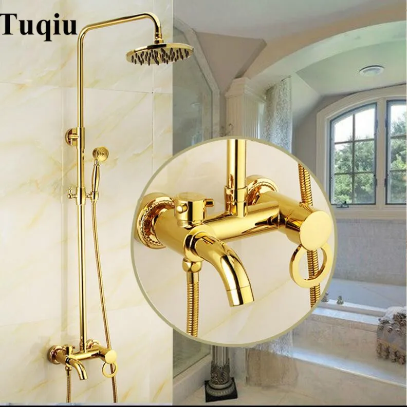 Torneira de banheiro e chuveiro luxuosa estilo europeu, acabamento em latão dourado, conjunto de chuveiro de parede com cabeça de chuveiro