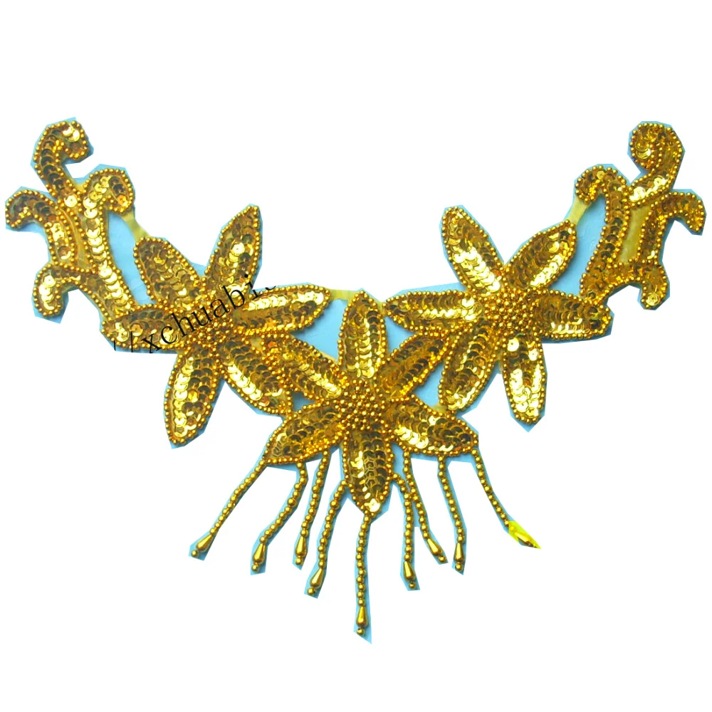 10 Pcs/Lot Gold Sequined Headwear 3D Applique Trims Beaded V-neck Embroidered Collar 23*10+5cm