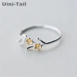 Uini-Tail hot 925 Tibetan silver forest sweet golden flowers leaves cute birds open ring fashion tide flow high quality GN311