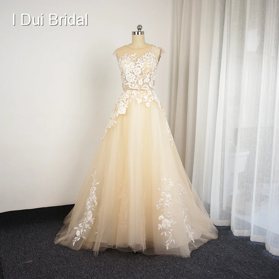 Vestido de casamento rendado de marfim champanhe, foto real, manga curta, apliques para a linha, s 001