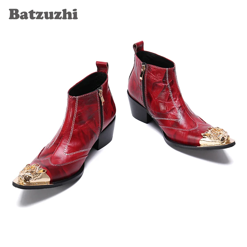 

Batzuzhi Boots Men Pointed Metal Tip Luxury Leather Ankle Boots Men Zip Red Wedding and Party Boots Bota Masculina, Big US6-12