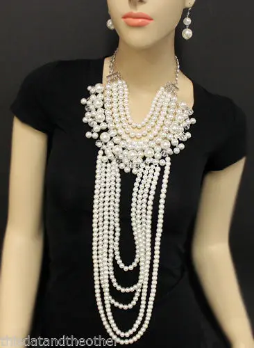 FREE SHIPPING New Multi-layers White Imtation Pearls Long Necklace&Pendants Body Jewelry