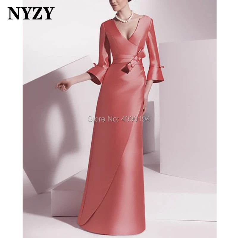 

NYZY M152 Elegant V Neck Satin Formal Dress Party Gown Coral Mother of the Bride Dresses with Sleeves 2019 vestido mae da noiva