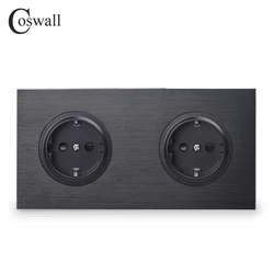 Coswall Brushed Black / Silver Grey Aluminum Metal Panel Double EU Russia Wall Socket Grounded With Children Protective Door