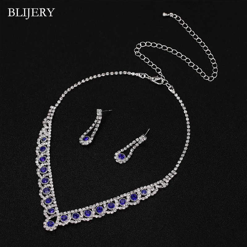 BLIJERY Romantic Royal Blue Crystal Bridal Jewelry Set Statement Choker Necklace Earrings African Wedding Jewelry Set for Women