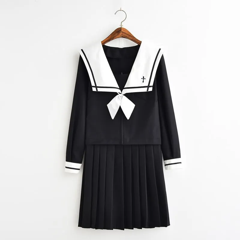 Uniformes japoneses JK para mulheres, terno de manga comprida, uniformes escolares pretos para meninas, terno ortodoxo de marinheiro de alta qualidade, novo, primavera e outono