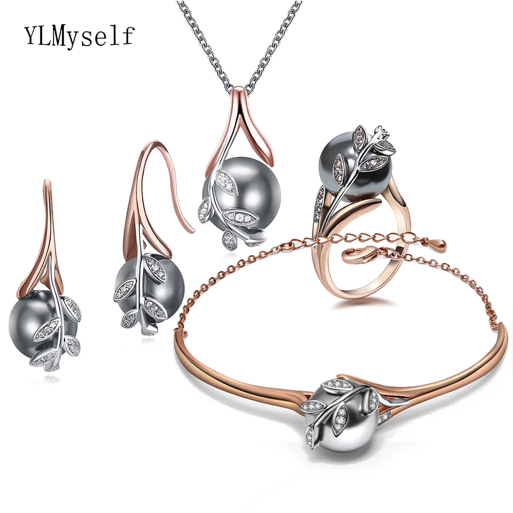 Christmas Gift For Mom Big Sale Fashion Necklace Bangle Earrings Ring Rose Grey Pearl Trendy Leaf 4pcs Jewelry Set